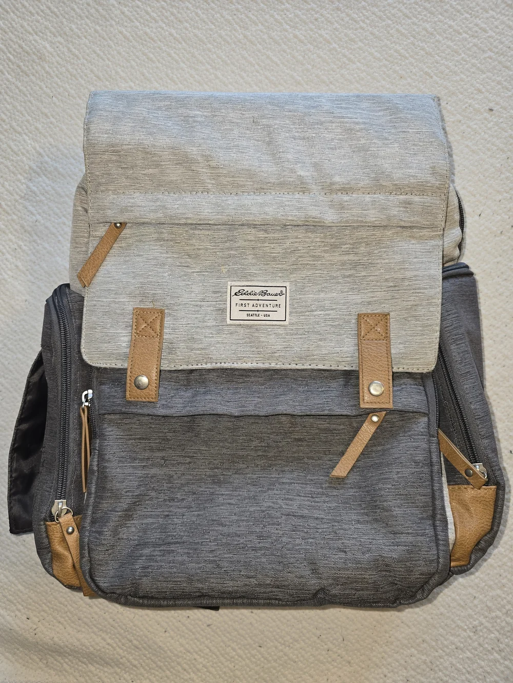 Eddie Bauer Light Gray and Gray Diaper Backpack with Tan Accents